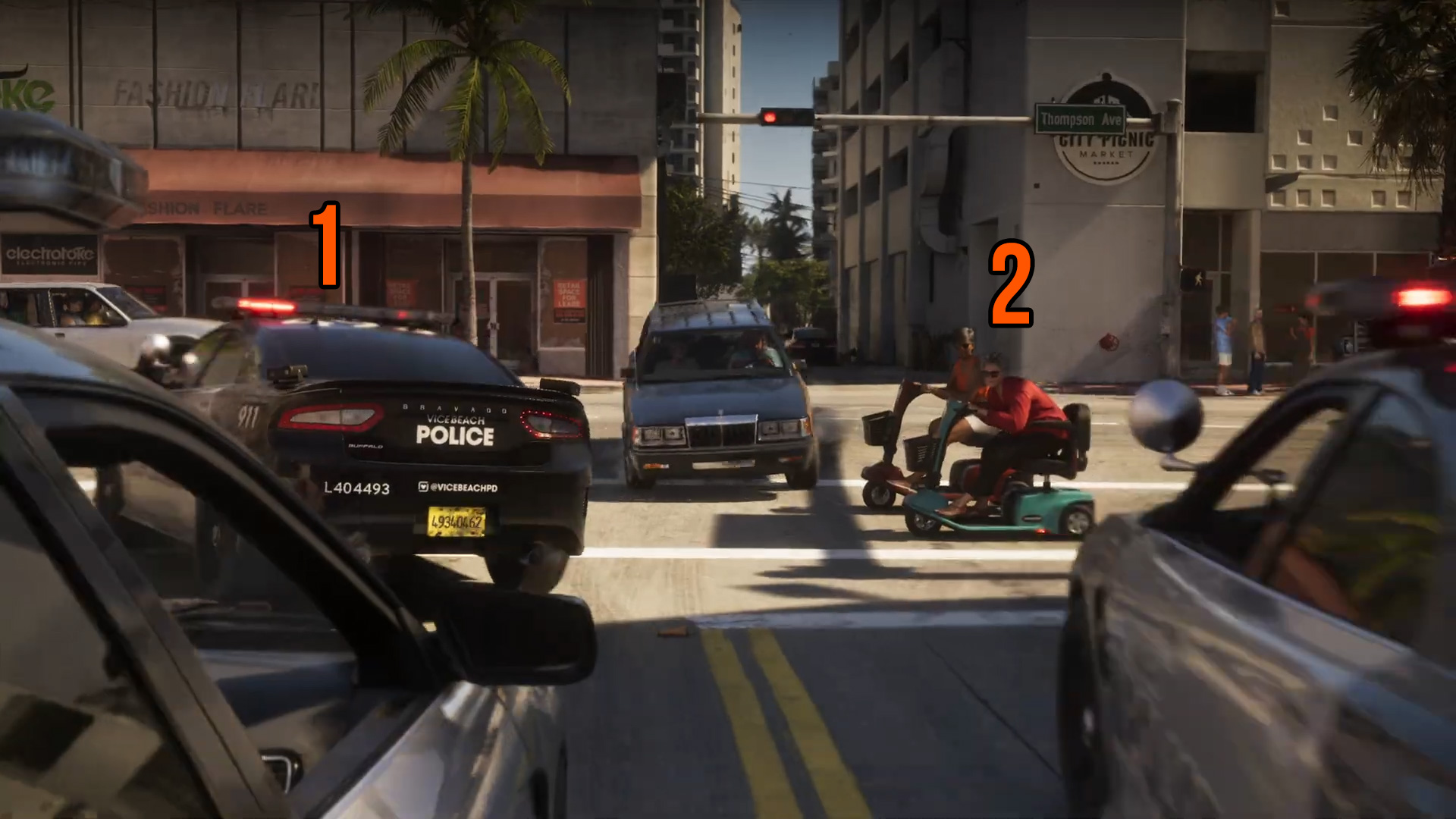 GTA 6 new cars featuring a Police Bravado Buffalo and mobility scooters
