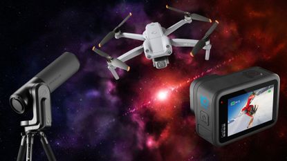 Unistellar Equinox, DJI Air 2S and GoPro HERO10 Black against a starfield background