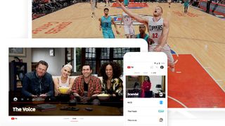 YouTube TV app on tablet and smartphone, with basketball game in background