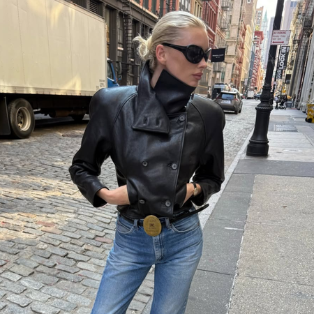 Model elsa hosk wear the stand collar jacket trend 2026