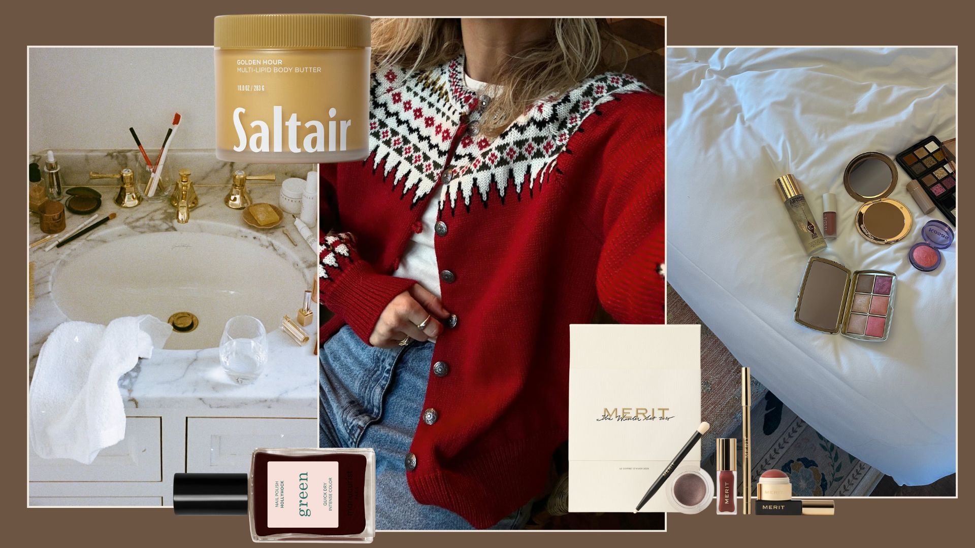 Lucy Williams wearing a festive cardigan, alongside pictures of Shannon Lawlor&#039;s best winter beauty products