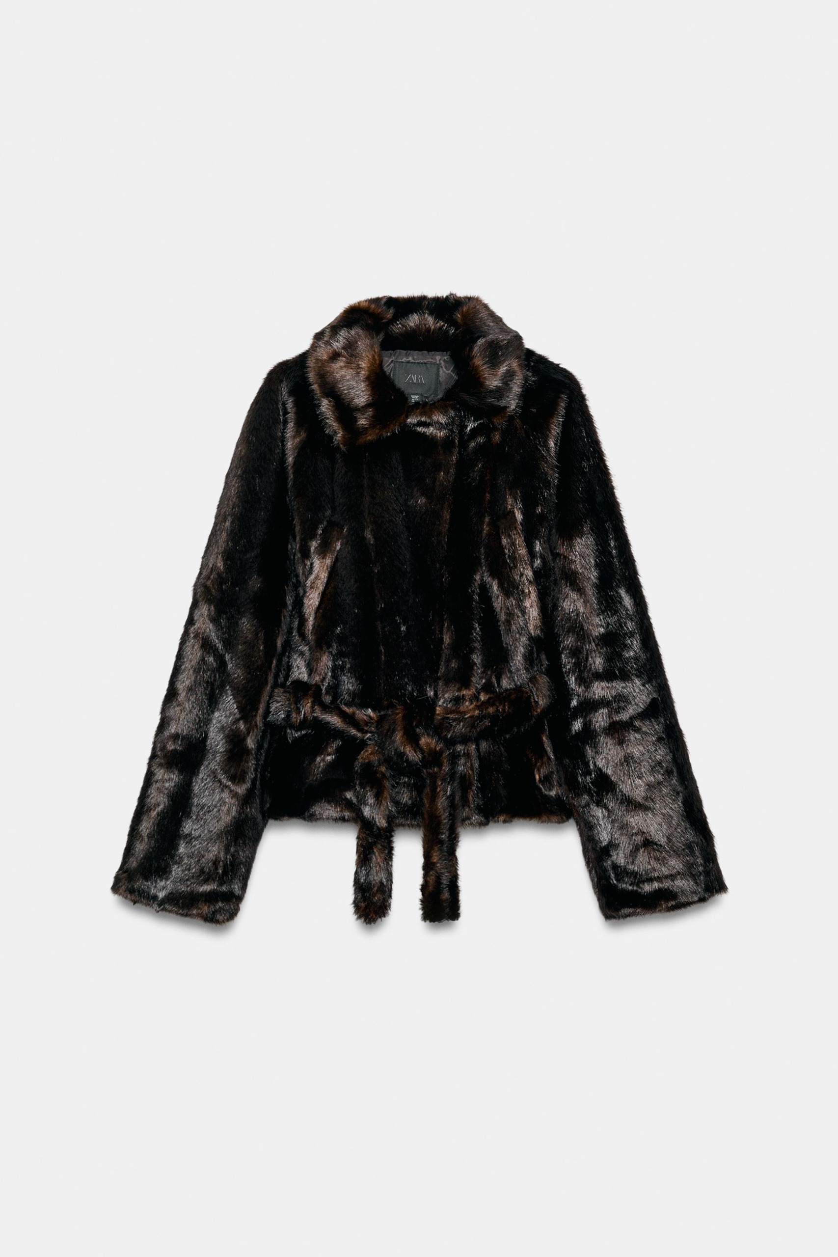 ZARA Faux Fur Coat With Belt - Dark Brown - Xs