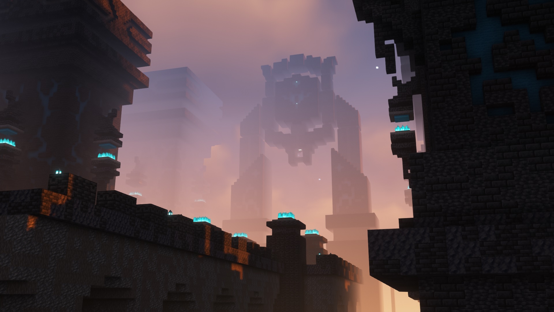 Minecraft build - a reimagined ancient city with a deepslate walkway lined with blue flames and a skull-shaped archway