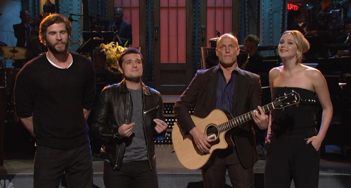 Woody Harrelson mistakes Jennifer Lawrence for Taylor Swift in pot-hazed SNL monologue