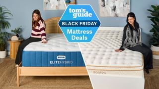 A split image of our mattress tester sitting on the left side of the navy and white Bear Elite Hybrid mattress on a wooden bedframe with a rattan headboard in a sleep studio with blue wall and a wooden round bedside table, on top of which there's the Hatch sunrise alarm clock and a plant (left). Tom's Guide mattress tester sits on the right side of the white Saatva Classic mattress with gold detailing on a white bedframe in sleep studio with a blue wall and bedside plant (right). A Tom's Guide Black Friday mattress deals badge is overlaid.