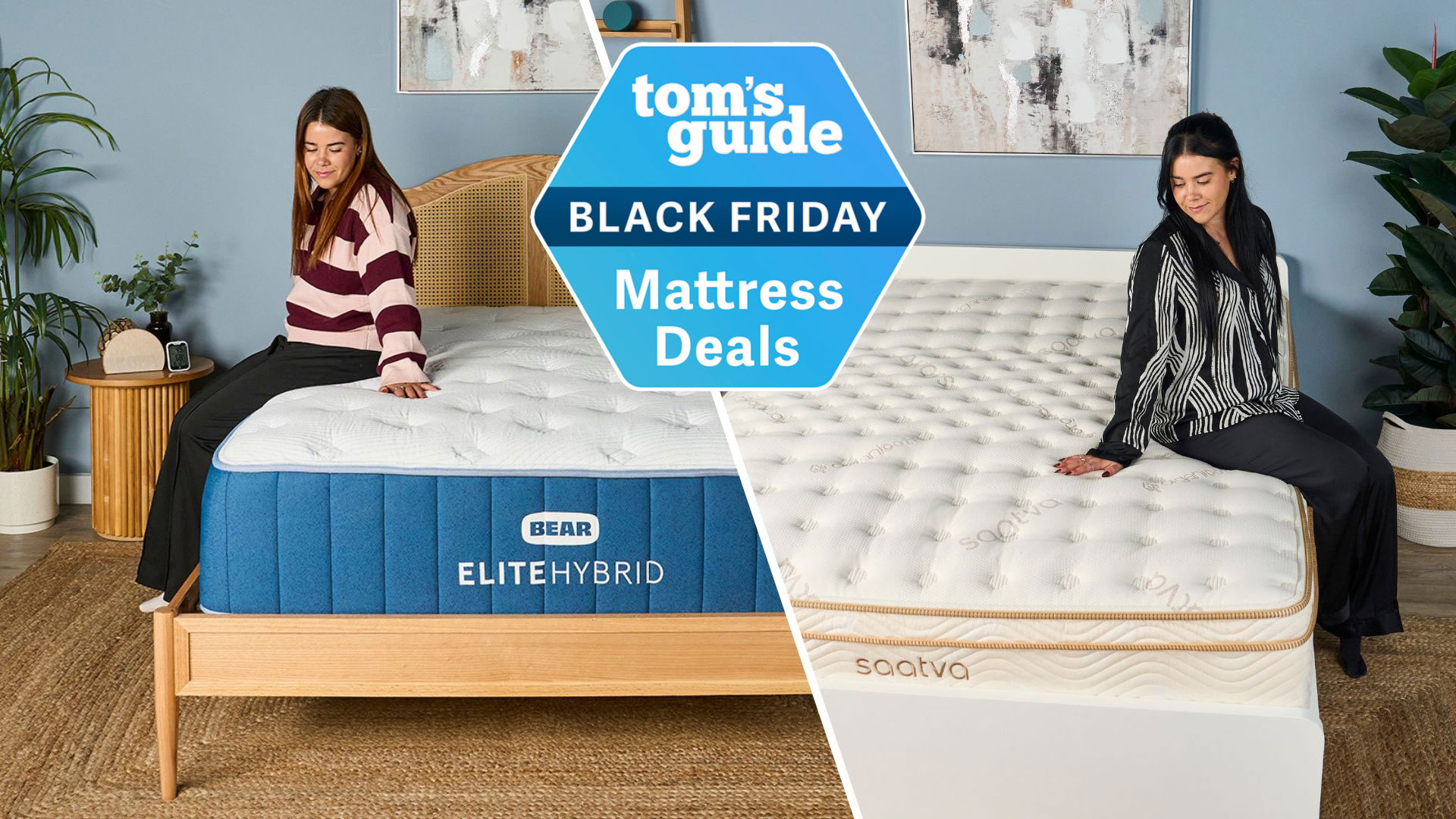 A split image of our mattress tester sitting on the left side of the navy and white Bear Elite Hybrid mattress on a wooden bedframe with a rattan headboard in a sleep studio with blue wall and a wooden round bedside table, on top of which there's the Hatch sunrise alarm clock and a plant (left). Tom's Guide mattress tester sits on the right side of the white Saatva Classic mattress with gold detailing on a white bedframe in sleep studio with a blue wall and bedside plant (right). A Tom's Guide Black Friday mattress deals badge is overlaid.