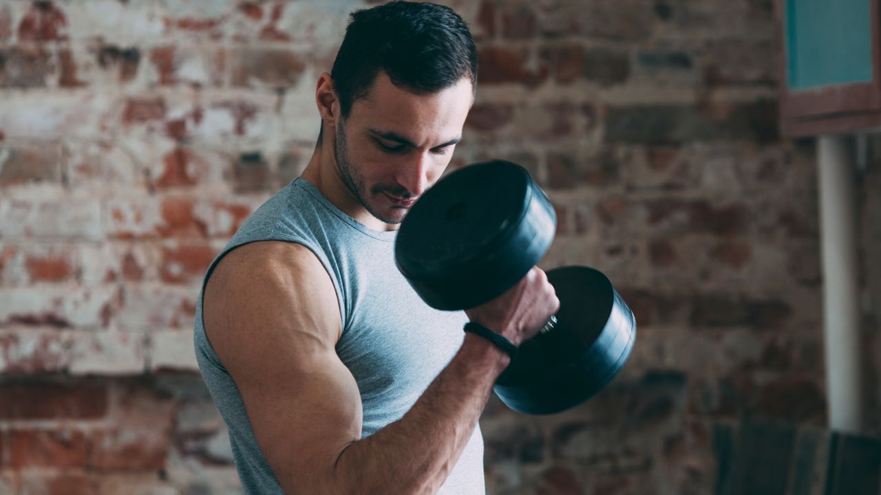 Man performs a bicep curl with a dumbbell