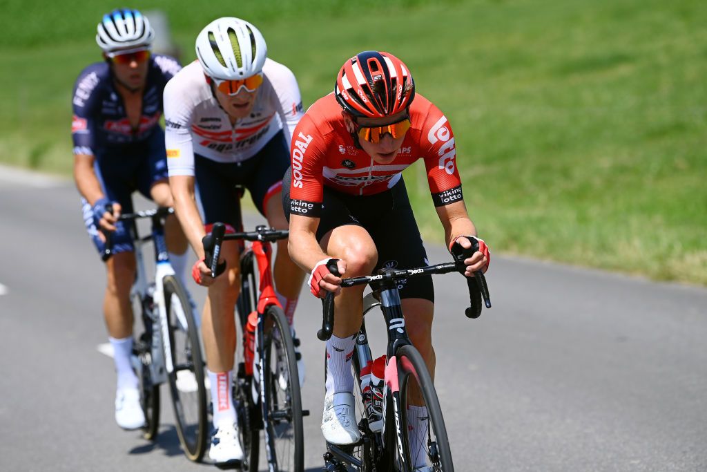 BRUNNEN SWITZERLAND JUNE 15 Matthew Holmes of United Kingdom and Team Lotto Soudal competes in the breakaway during the 85th Tour de Suisse 2022 Stage 4 a 1908km stage from Grenchen to Brunnen ourdesuisse2022 WorldTour on June 15 2022 in Brunnen Switzerland Photo by Tim de WaeleGetty Images
