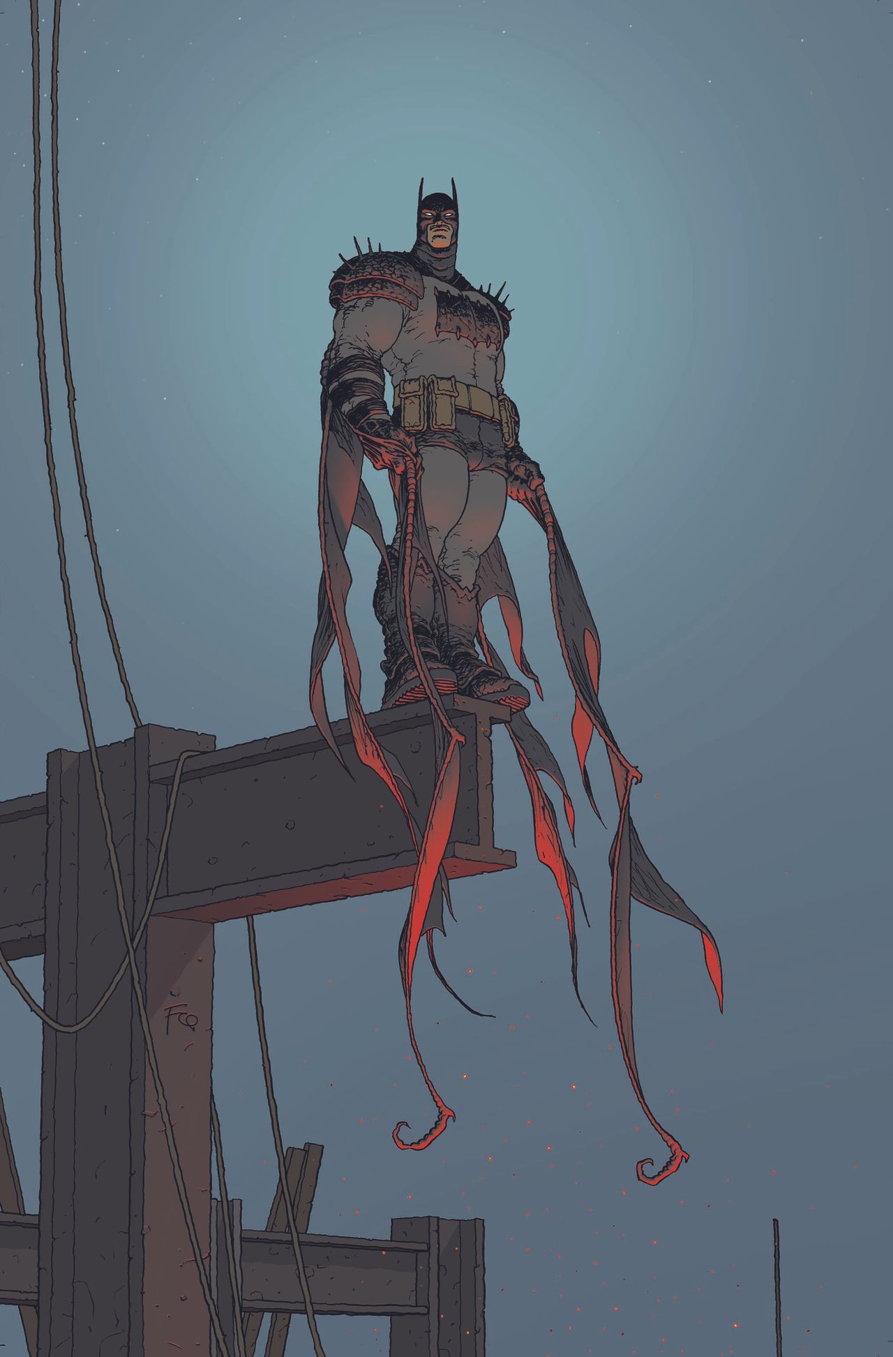 Absolute Batman stands on some scaffolding, as drawn by Frank Quitely.