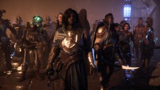 Still from Dragon Age: The Veilguard launch trailer showing all the Veilguards standing together like they're the Avengers or something