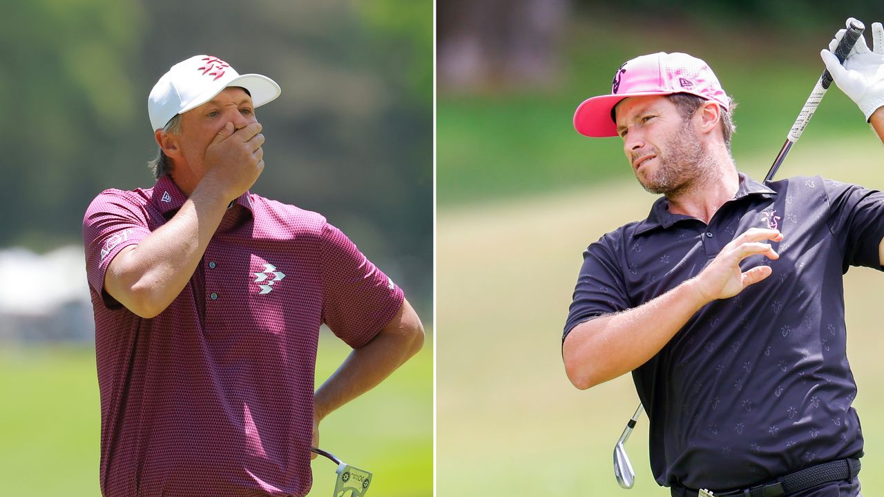 Matt Jones covers his mouth with his hand (left) and Ben Campbell hits an iron shot (right)