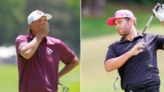 Matt Jones covers his mouth with his hand (left) and Ben Campbell hits an iron shot (right)