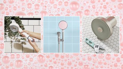 A trio of the best high-pressure shower heads on pink bubble background