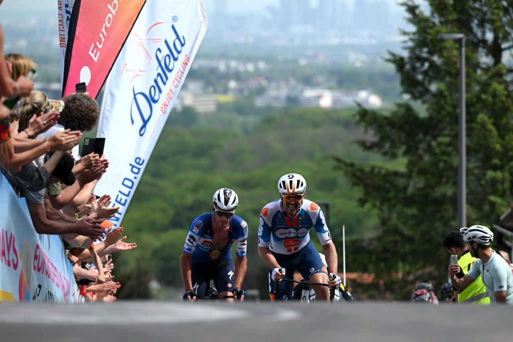 FRANKFURT AM MAIN GERMANY MAY 01 LR Warre Vangheluwe of Belgium and Team Soudal QuickStep and John Degenkolb of Germany and Team dsmfirmenich PostNL compete in the breakaway during the the 63rd EschbornFrankfurt 2024 a 2015km one day race from Eschborn to Frankfurt am Main UCIWT on May 01 2024 in Frankfurt am Main Germany Photo by Christian KasparBartkeGetty Images