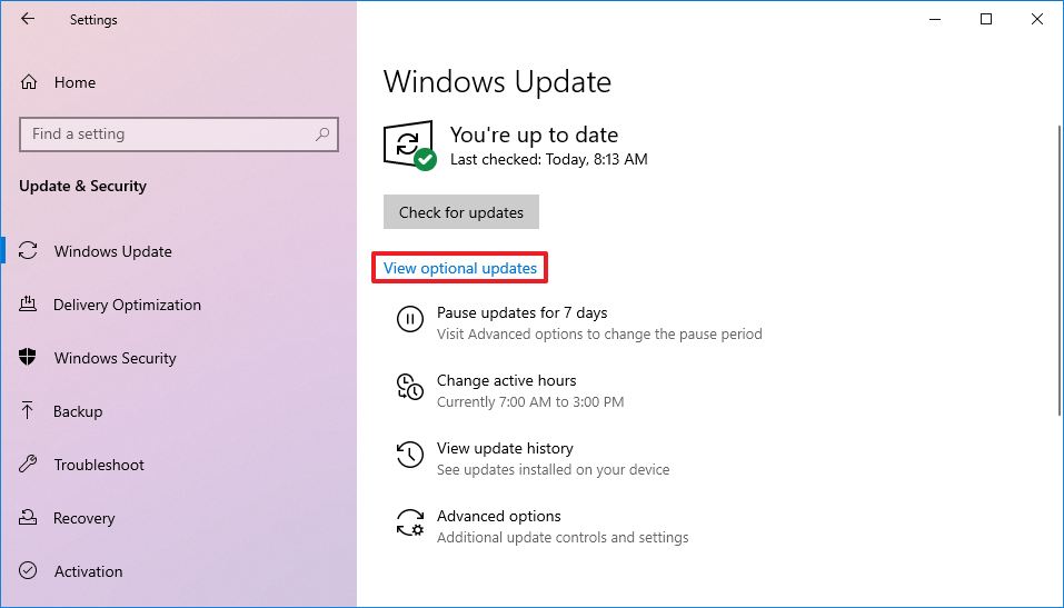 Опция дополнительных обновлений Windows 10
