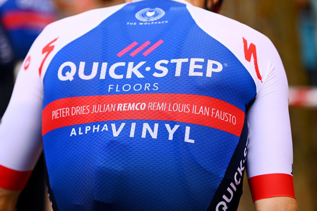 MADRID SPAIN SEPTEMBER 11 Detail view of the Victory commemorative kit with the names of Julian Alaphilippe of France Rmi Cavagna of France Dries Devenyns of Belgium Remco Evenepoel of Belgium Fausto Masnada of Italy Pieter Serry of Belgium Ilan Van Wilder of Belgium Louis Vervaeke of Belgium and Team QuickStep Alpha Vinyl during the 77th Tour of Spain 2022 Stage 21 a 967km stage from Las Rozas to Madrid LaVuelta22 WorldTour on September 11 2022 in Madrid Spain Photo by Tim de WaeleGetty Images