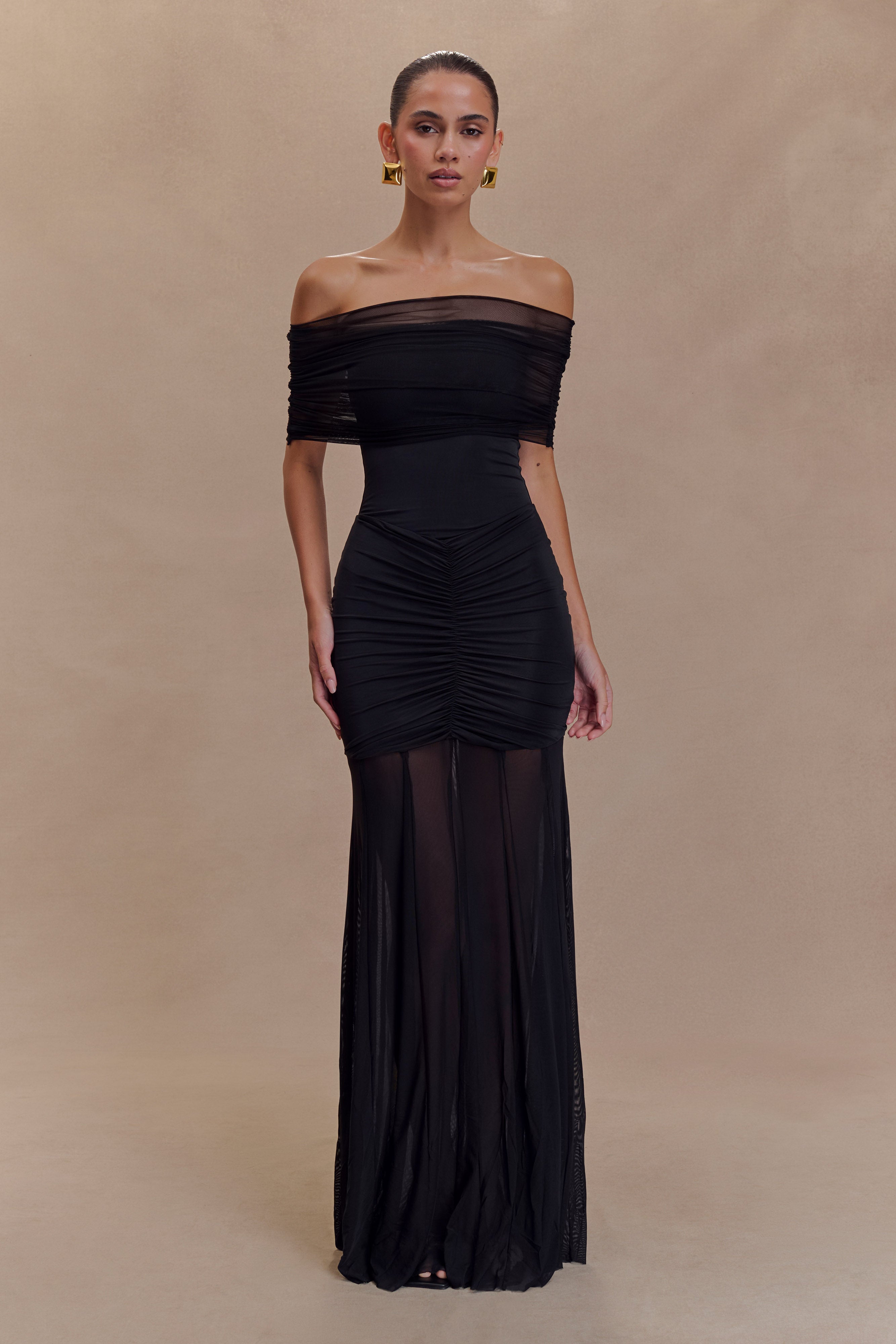 Caspian Slinky and Mesh Off Shoulder Maxi Dress - Black Xxs