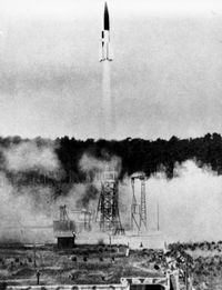 The launch of a German V-2 rocket.