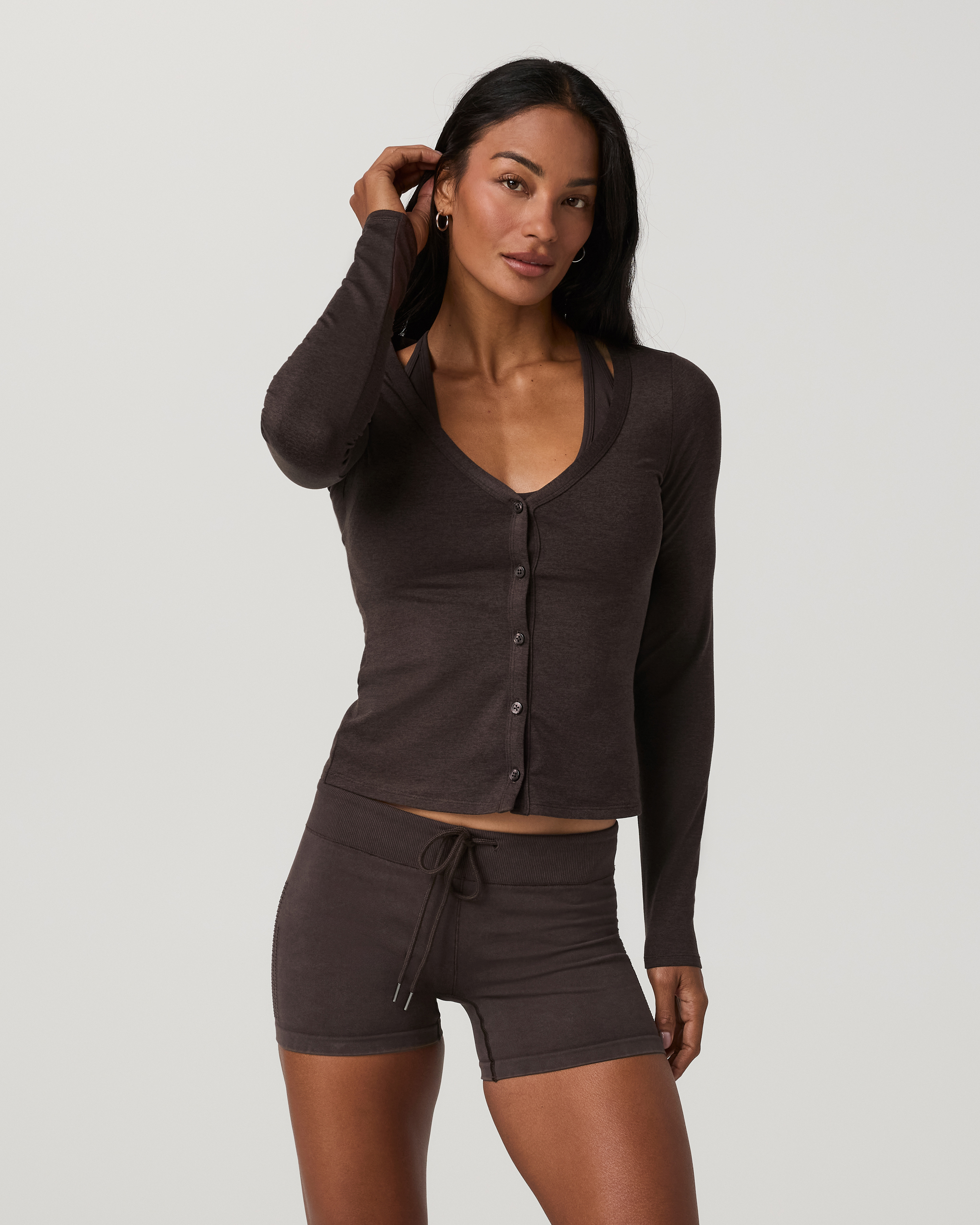 Long Sleeve Halo V-Neck Cardigan - Java Heather - Xxs