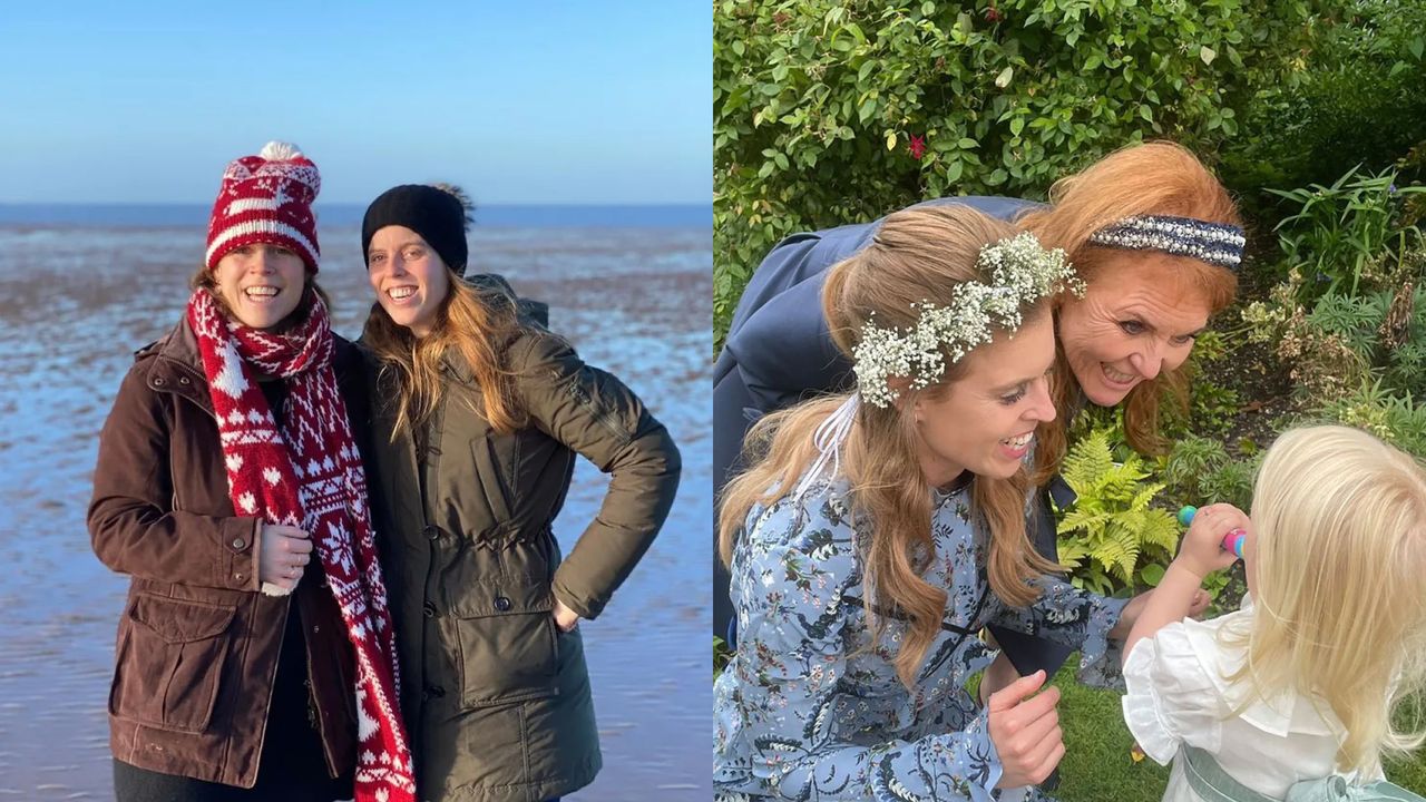 A collage with Princess Eugenie and Princess Beatrice smiling on the beach in winter coats on the left and Princess Beatrice and Sarah Ferguson wearing blue dresses and smiling at Sienna Mapelli Mozzi on the right