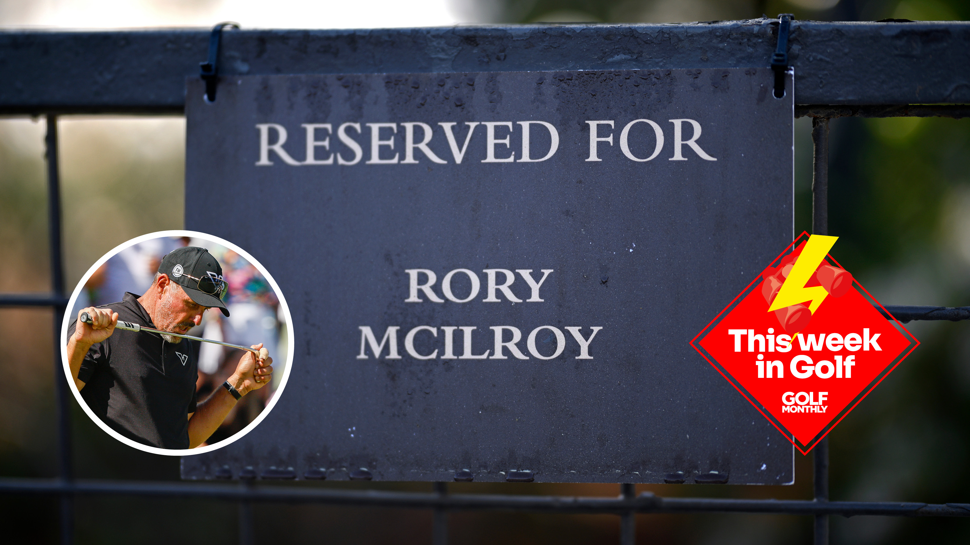 Main image of a reserved parking sign for Rory McIlroy and an inset image of Phil Mickelson (left) with a This Week In Golf sticker (right)