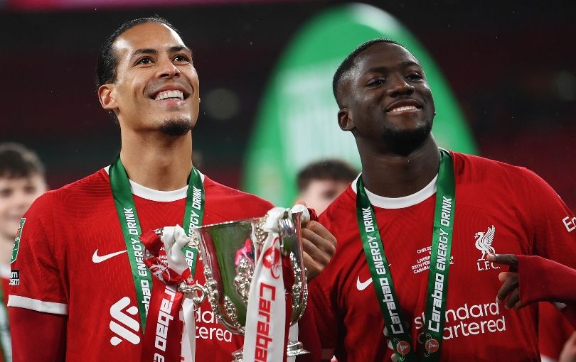 Van Dijk and Konate celebrate winning the Carabao Cup