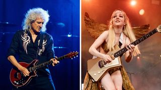 Left-Brian May of Queen + Adam Lambert performs on stage at Pepsi Live at Rogers Arena on July 2, 2017 in Vancouver, Canada; Right-Emily Roberts of The Last Dinner Party performs during the 2024 Coachella Valley Music and Arts Festival - Weekend 2 - Day 2 at Empire Polo Club on April 20, 2024 in Indio, California