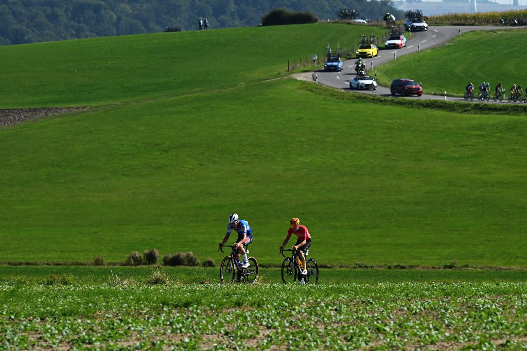 DIEKIRCH LUXEMBOURG SEPTEMBER 20 LR Louis Vervaeke of Belgium and Team Soudal QuickStep and Johannes Kulset of Norway and Team UnoX Mobility compete in the breakaway during the 84th Tour de Luxembourg 2024 Stage 3 a 2013km stage from Rosport to Diekirch UCIWT on September 20 2024 in Diekirch Luxembourg Photo by Tim de WaeleGetty Images