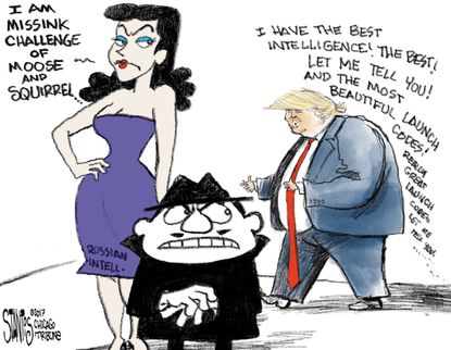 Political cartoon U.S. Trump Russia intelligence leaks Rocky and Bullwinkle