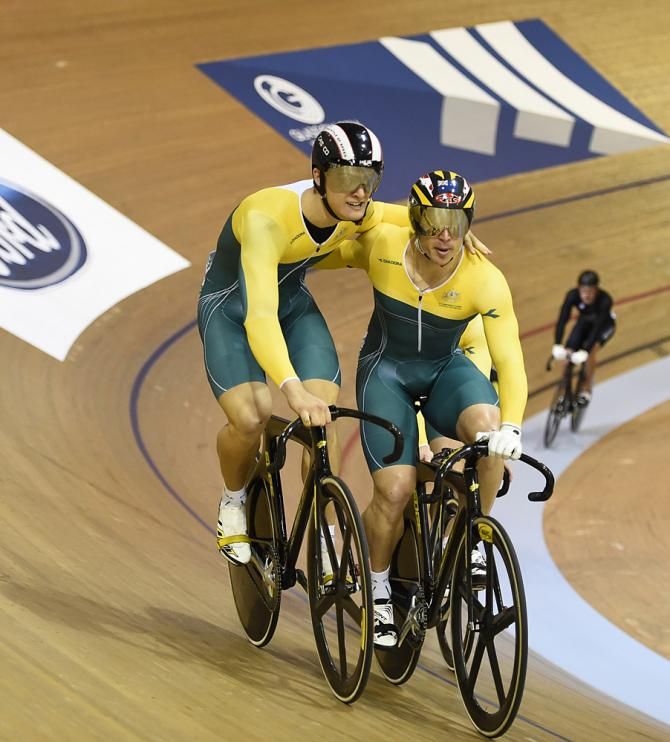 Matthew Glaetzer celebrates his gold-medal victory with his Australian teammate