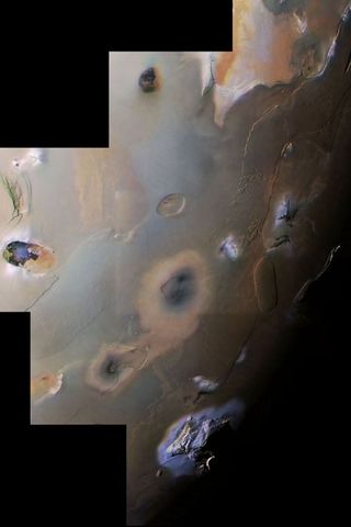 The south polar region of Io as seen by Voyager 1. This includes the mountain Haemus Mons, which is 10 kilometers (32,000 feet) high. It is visible at bottom.