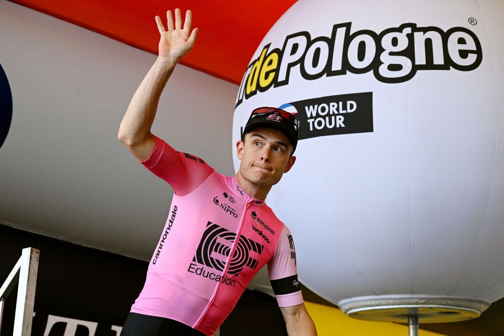 BIELSKOBIALA POLAND AUGUST 02 Marijn Van Den Berg of The Netherlands and Team EF EducationEasyPost celebrates at podium as stage winner during the 80th Tour de Pologne 2023 Stage 5 a 1988km stage from Pszczyna to BielskoBiala 430m UCIWT on August 02 2023 in BielskoBiala Poland Photo by Dario BelingheriGetty Images