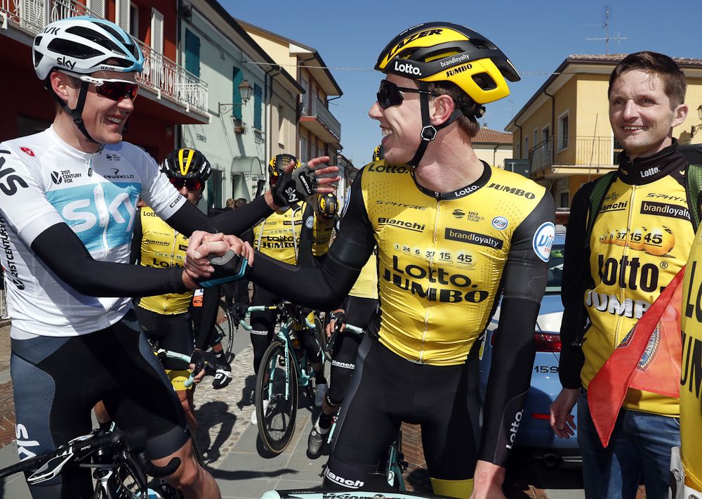 Pascal Eenkhoorn (LottoNL-Jumbo) after winning the opening stage at Coppi e Bartali