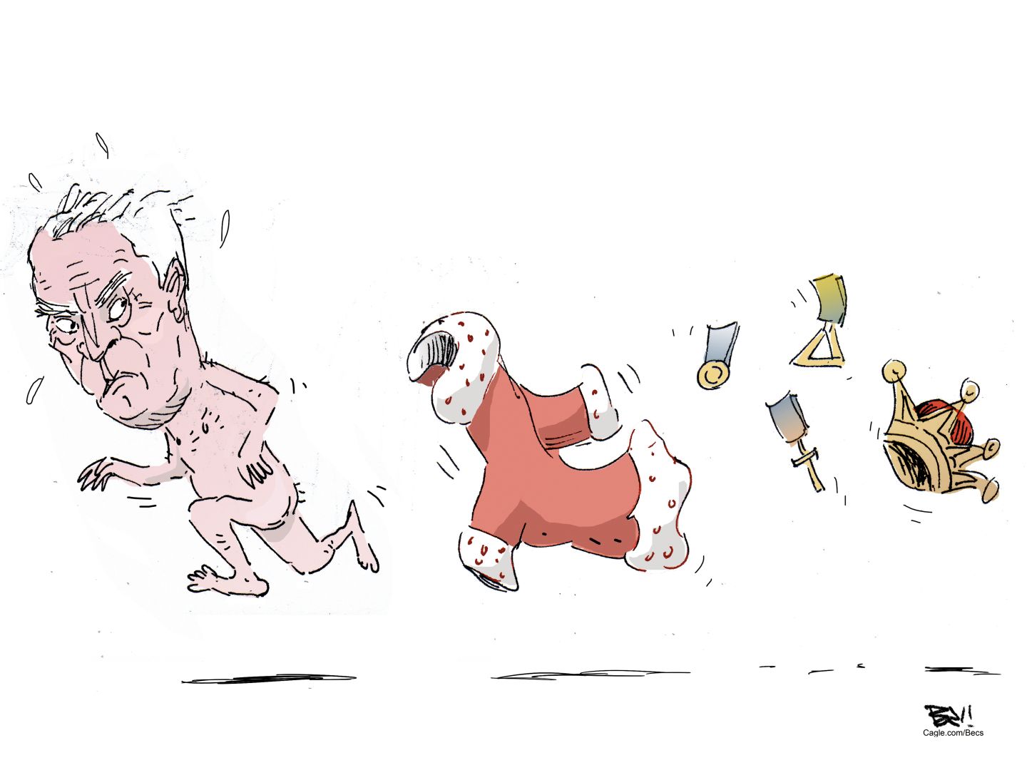 
                                This cartoon depicts a naked former Prince Andew on the left, sprinting. He’s being trailed by a robe and the effects of his former office, including a crown and royal ribbons.
                            