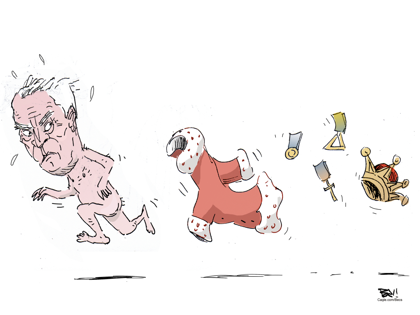 This cartoon depicts a naked former Prince Andew on the left, sprinting. He&amp;rsquo;s being trailed by a robe and the effects of his former office, including a crown and royal ribbons.