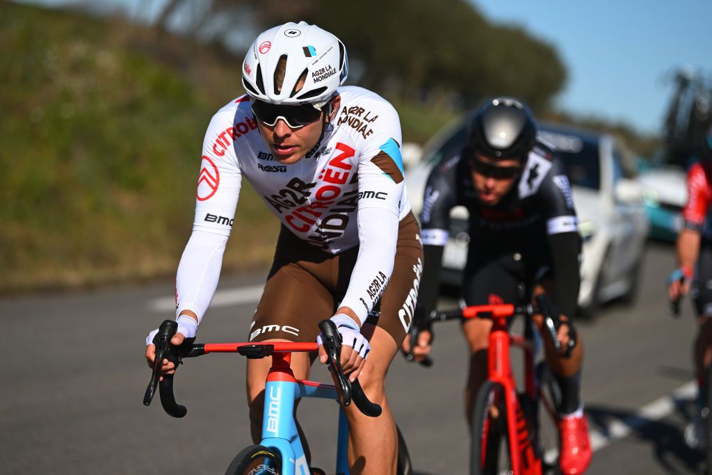 AUBAIS FRANCE FEBRUARY 02 Benoit Cosnefroy of France and AG2R Citroen Team competes during the 53rd Etoile de Besseges Tour Du Gard 2023 Stage 2 a 16963km stage from Bagard to Aubais EDB2021 on February 02 2023 in Aubais France Photo by Luc ClaessenGetty Images