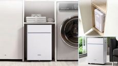 Vonhaus 10L Slimline Dehumidifier with laundry mode being used in three different situations, next to a washing machine, tucked away, and in a lounge