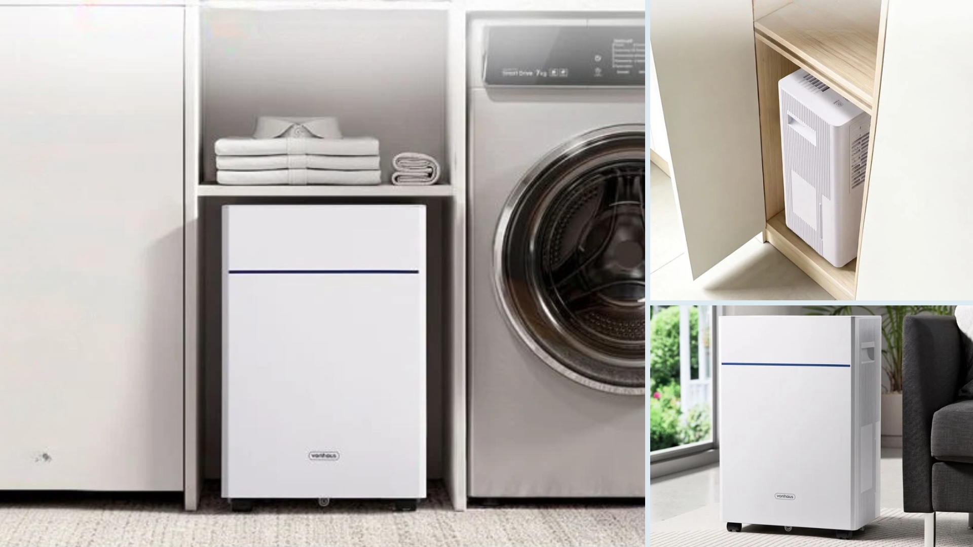 Vonhaus 10L Slimline Dehumidifier with laundry mode being used in three different situations, next to a washing machine, tucked away, and in a lounge