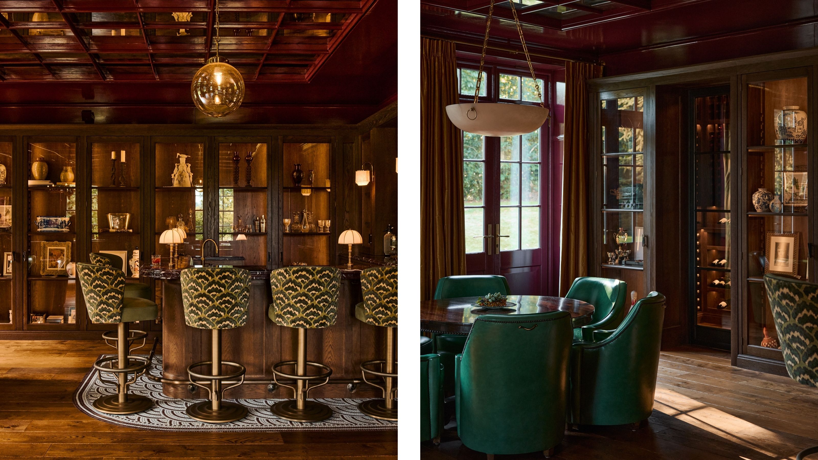 two side by side images of a red room/entertaining wing with home bar and hidden wine room
