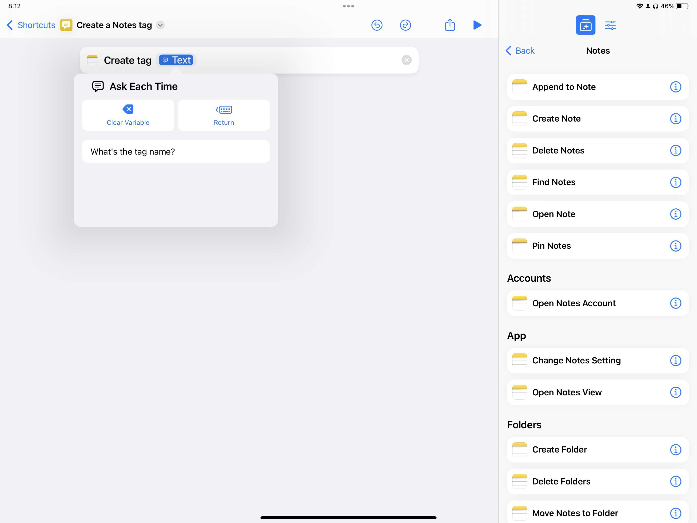 Screenshot showing example popover for Ask Each Time in Shortcuts.