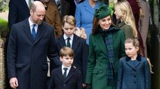 Prince William, Prince Louis of Wales, Prince George of Wales, Catherine, Princess of Wales and Princess Charlotte of Wales attend the Christmas Morning Service at Sandringham Church on December 25, 2024