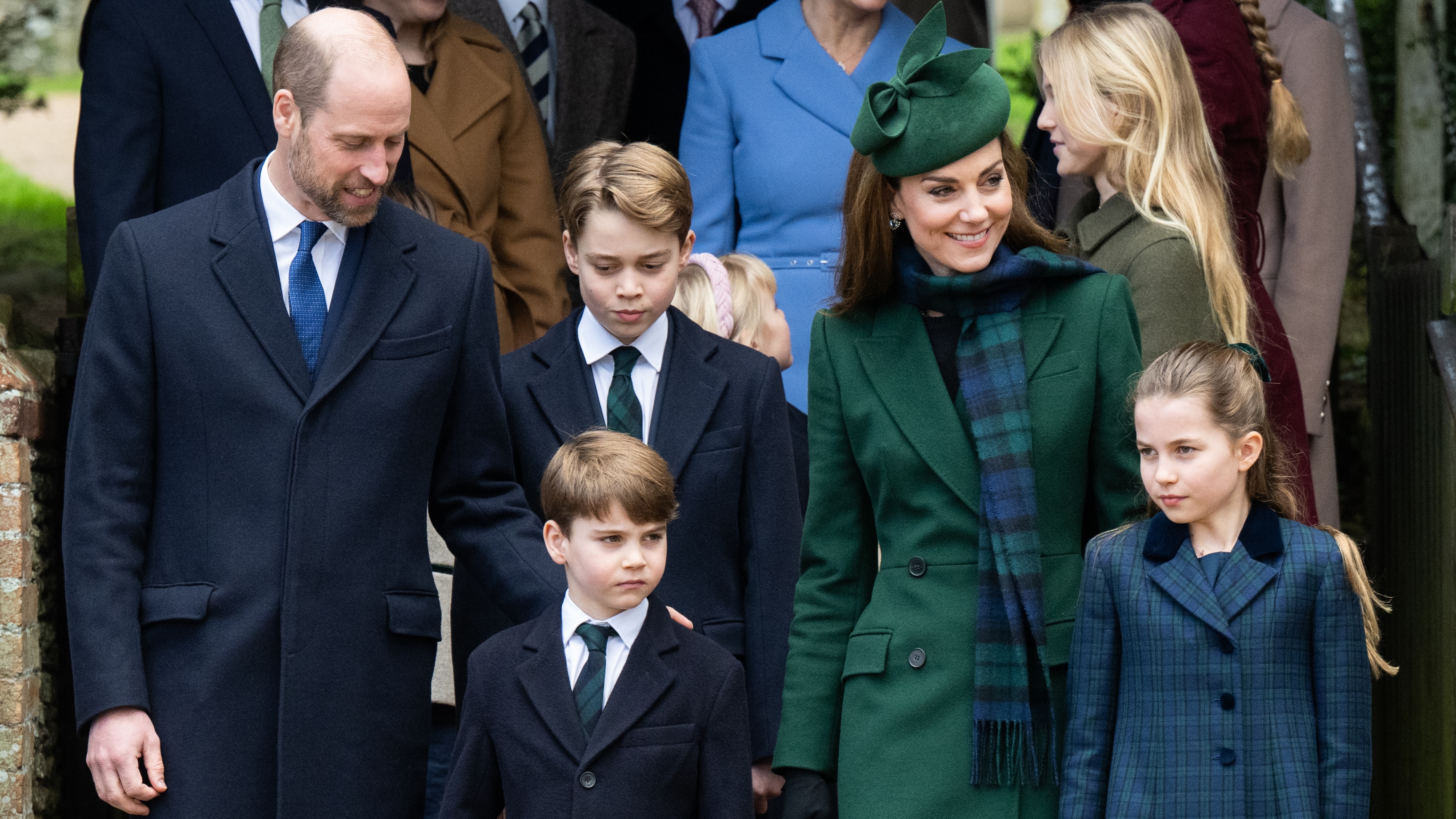 Prince William, Prince Louis of Wales, Prince George of Wales, Catherine, Princess of Wales and Princess Charlotte of Wales attend the Christmas Morning Service at Sandringham Church on December 25, 2024