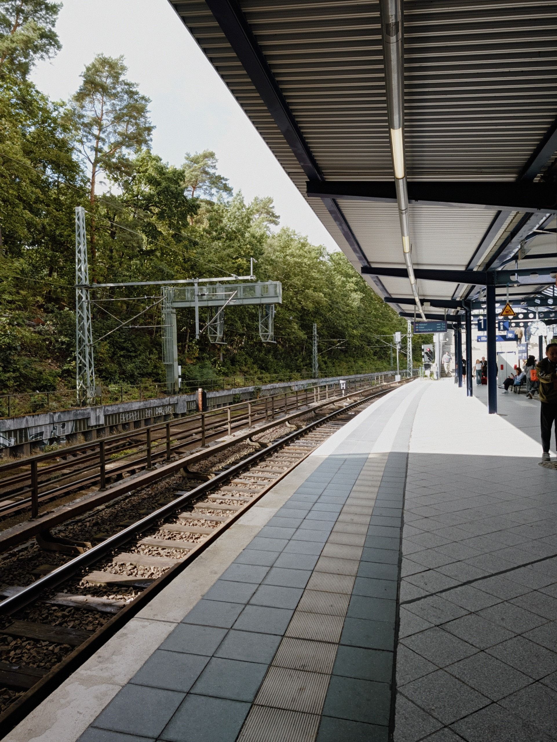 Quiet railway platform with tracks running alongside wooded embankments.