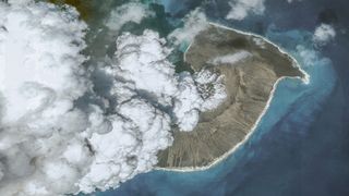 An image of the aftermath of the explosive eruption of the Hunga Tonga-Hunga Ha'apai volcano in the Pacific Ocean in January 2022.