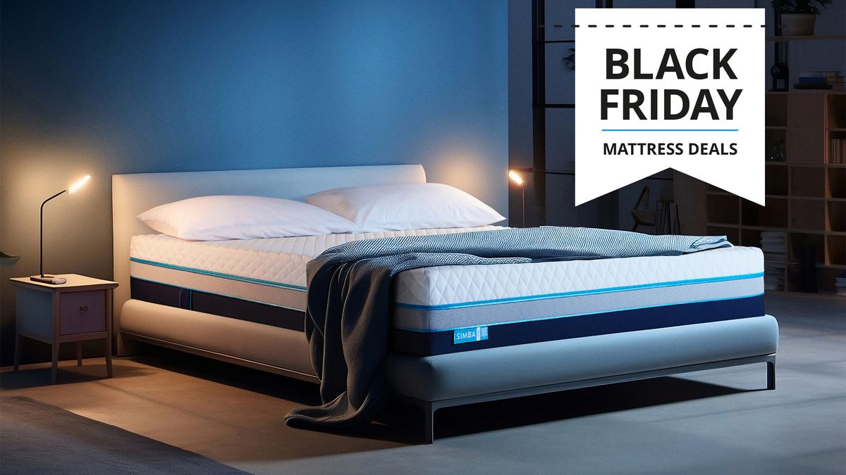 The Simba Hybrid Ultra Mattress on a bed frame in a dimly lit bedroom, a Tom&#039;s Guide Black Friday mattress deals graphic (right)