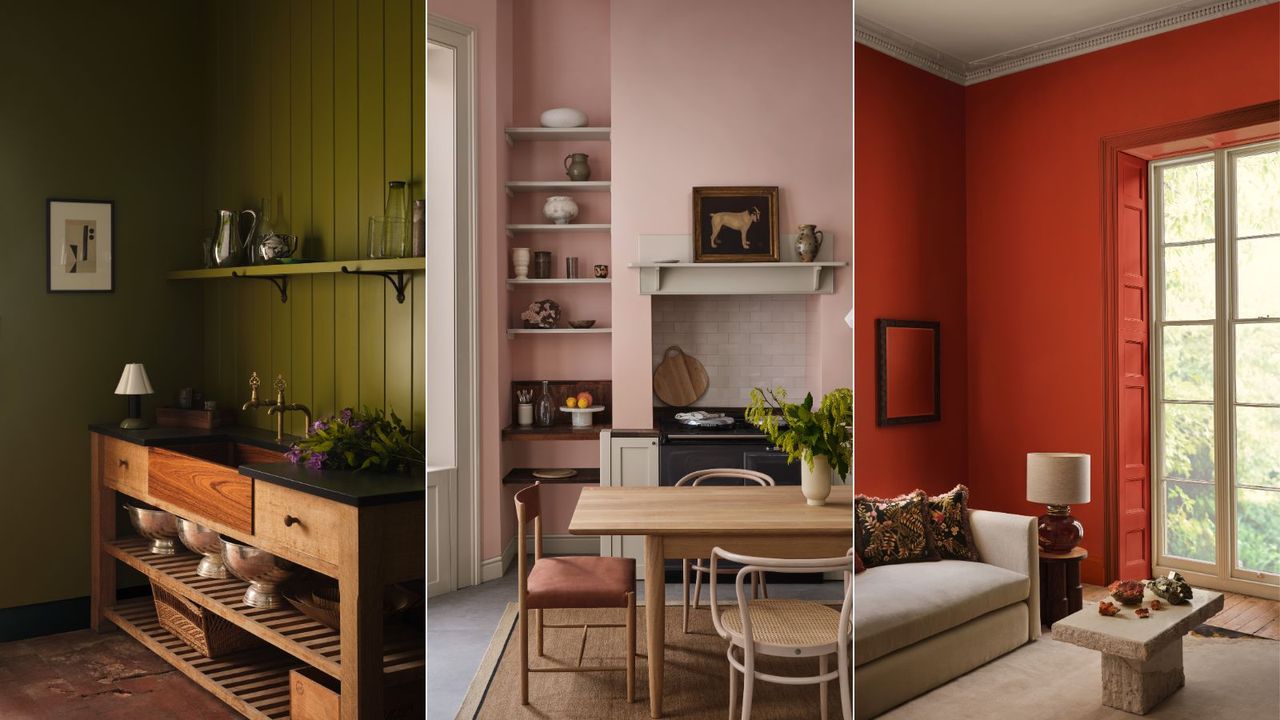 dark green utility room, light pink kitchen, bright red living room