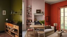 dark green utility room, light pink kitchen, bright red living room