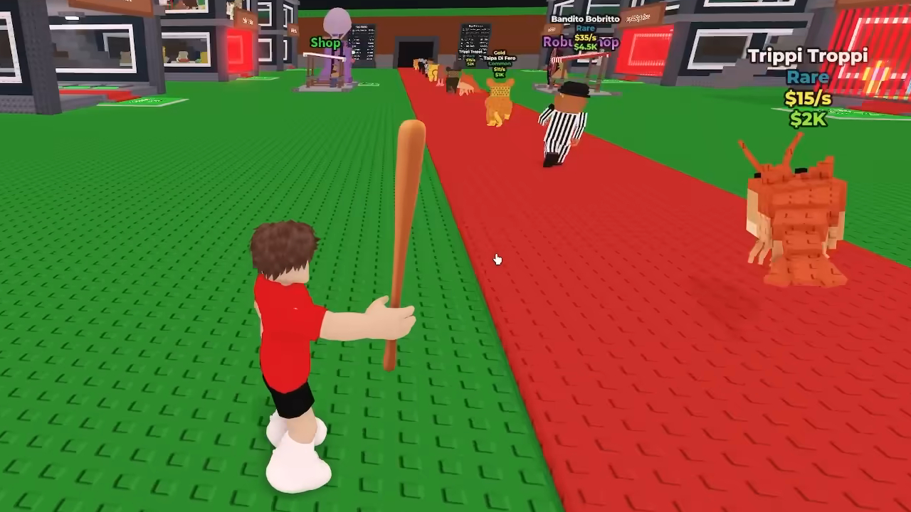 Een personage dat een vleermuis vasthoudt in Steal a Brainrot