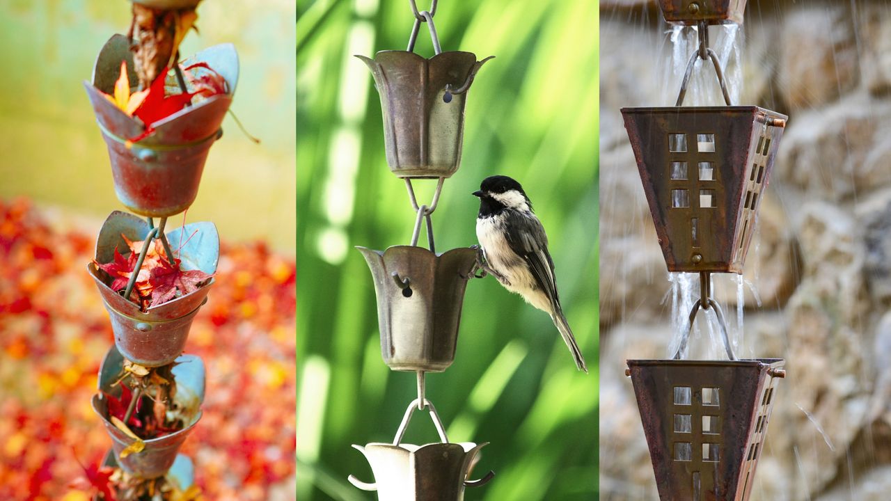 Three different rain chain designs with a bird resting on the middle one 