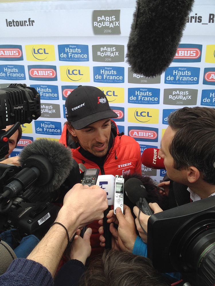 Fabian Cancellara (Trek-Segafredo) speaks with the press at the team presentation